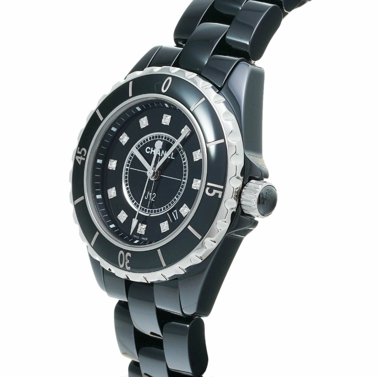 シャネル J12 33mm 12Pダイヤ H1625 ブラックラッカー/ダイヤモンド レディース 腕時計 クォーツ 中古 銀蔵