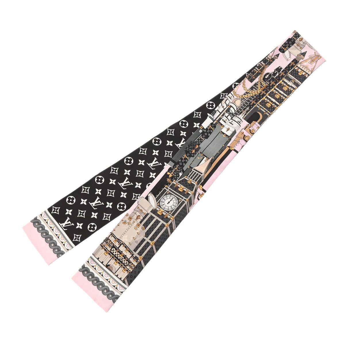 LOUIS VUITTON ルイヴィトン バンドー アラウンドザワールド ピンク/ブラウン M76973 レディース シルク100％ スカーフ Aランク 中古 銀蔵