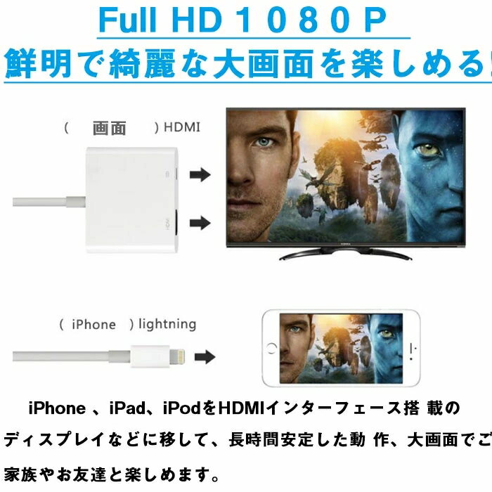 iPhone HDMI 変換アダプタ，Lightning 変換アダプター digital avアダプタ 設定不要 操作簡単 高解像度 接続ケーブル Lightning HDMI ケーブル スマホ ゲームiPhone/iPad/iPodをテレビ出力対応