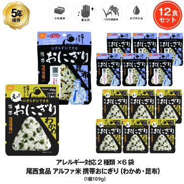 5年保存 非常食 尾西食品 アルファ米 携帯おにぎり アレルギー対応セット わかめ 昆布 ご飯 ごはん 保存食 12袋セット