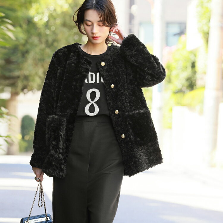 【10320円 本日限定クーポン利用で】ブルゾン レディース ジャンパー 黒 秋 冬 カジュアル おしゃれ アウター 厚手 ジャケット 羽織り 長袖 ゆったり ノーカラー きれいめ 体型カバー かわいい シンプル 大きいサイズ 可愛い 袖あり フェイクファー クルーネック 秋冬のサムネイル