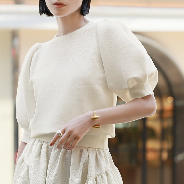 【20％OFFクーポン配布中】【5991円 11日13時までクーポン利用で】ニット レディース トップス 1枚で決まる 半袖 五分袖 ゆったり 着痩せ プルオーバー おしゃれ きれいめ 体型カバー かわいい クルーネック シンプル 大きいサイズ 可愛い 袖あり ショート丈 無地 パフスリーのサムネイル