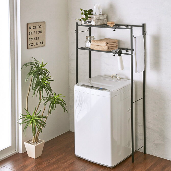 角パイプ洗濯機棚 マットブラック 【メッセージカード対応】 ランドリーラック 洗濯機棚 伸縮 おしゃれ 強力 黒 ツヤ消し かっこいい インダストリアル インテ...