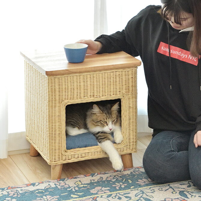ペットハウススツール 猫用 犬用 ペット用 ハウス スツール ベッド 椅子 ねこ 木製 ラタン