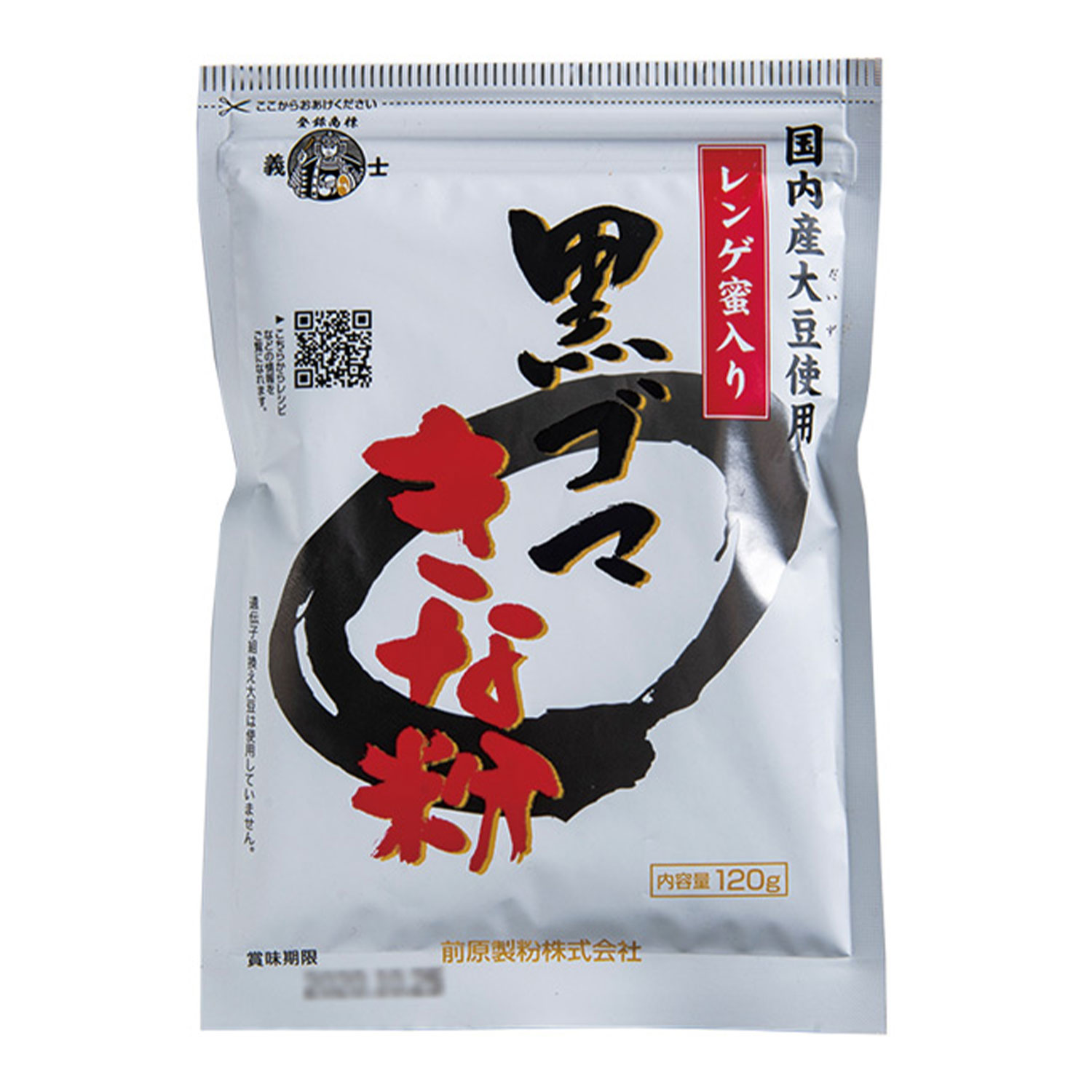 仕様 品名 黒ゴマきな粉120g 名称 大豆・ゴマ加工品 内容量 120g 賞味期限 枠外表面左下に記載 保存方法 直射日光、高温、多湿を避けて保存してください。 原材料 いり黒ごま（国内製造）、大豆（国内産、遺伝子組換えの混入を防ぐため分別）、ぶどう糖、はちみつ 製造者 前原製粉株式会社 〒671-2221　兵庫県姫路市青山北3丁目10-1特色 〇深みのある味わい 本品は、黒ゴマを少量ずつ焙煎し香りを残しつつ粗ずりしました。さらに、ほのかでさわやかな甘みが特長のレンゲはち蜜を加え、深みのある味わいになりました。 〇きな粉は・・・ きな粉の原料は「大豆」100%です。 【調理方法】 黒ゴマきな粉ヨーグルト ヨーグルトに加え、よく混ぜてください。（ヨーグルトを器に開けてお召しあがりになられる場合は、先に本品を器に入れてからヨーグルトを加えますと混ぜやすいです。）アイスクリームにもどうぞ。 その他 ・牛乳・豆乳に加えたり、おもち、おだんご、わらびもち、トースト、バナナなどにふりかけてください。 ・油で揚げたパンに、きな粉と砂糖をたっぷりつけてください。 「きな粉」のこだわり たくさんの「美味しさ」を実現するために国内の産地を選んでいます きな粉の原料は大豆です。もち米同様、この原料品質が製品の品質に直結しています。 国産大豆では8道府県産の品揃えによってたくさんの「美味しさ」を実現し、お客様の嗜好の変化と多様化に対応しています。 最近では非常に甘みの強い「佐賀きな粉」や強めの焙煎で香ばしさが引き立つ「京きな粉」が年代・地域を問わず人気です。 いずれも産地(佐賀・京都)の原料品質にこだわった当社独自の製品です。 業界で先駆けて再封可能なチャック付き袋を採用しました。 昭和60年、私たちはお客様とのコミュニケーションを通じて製品購入後の消費スタイルを予測し、業界で先駆けてチャック付き袋を導入致しました。その結果、お客様の多頻度少量使用という消費行動の変化にいち早く対応することができ、お客様から絶大なるご支持を頂くことができました。その後、業界ではチャック付き袋は主流となりましたが、最近では省資源の観点から、包装資材量の多い分包タイプよりもチャック付き袋が改めて評価され始めています。 私どもはお客様の嗜好の変化や多様化に取り組んでいます アイスクリームとの相性が評判の「はと麦入りきな粉」やヨーグルトとの相性が人気の「砂糖入りきな粉」、また食パンにふりかけるとバターやマーガリンとの調和が抜群の「黒ゴマ入りきな粉」など品揃えが充実し、産地別製品も含めますと、きな粉だけでも20種類以上のラインナップが実現しました。 またパッケージではカレーやスムージー・グラノーラなどへのきな粉の利用方法をご紹介し、新たな食のシーンをお客様に提案し続けています。