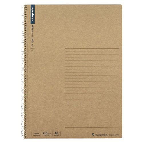 A4　スパイラルノート　6．5?　40枚 ●中紙枚数：40枚●罫種類：6．5mm罫×38行●外寸：縦297×横224mm●材質：表紙＝クラフトボール，中紙＝筆記用紙●ミシン目入 【関連商品はこちら】オフィシャルエコA4　糸綴じノートオフィシャルエコ　糸綴じノートオフィシャルエコA4　糸綴じノートオフィシャルエコA4　糸綴じノート