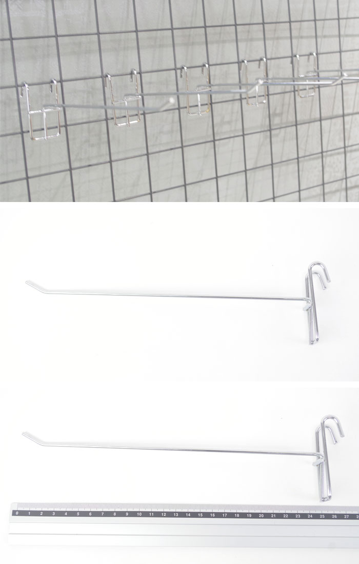 メッシュフック メッシュパネル フック シルバー 幅3.5cm×長さ24.5cm メッシュ パネル 網カン 壁面収納 掛ける 吊り下げ 什器フック ディスプレイ 店舗 ワイヤーフック おしゃれ カスタム DIY お部屋 ガレージ収納