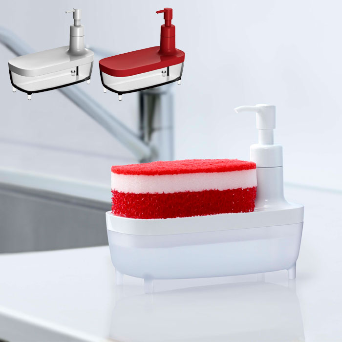 スポンジラック ディスペンサー付き おしゃれ 詰め替えボトル ソープボトル 詰め替え容器 スマートホーム2 ディスペンサー レッド ホワイト 53581 53586 スポンジホルダー 液体専用ボトル 食器用洗剤 食器洗い洗剤