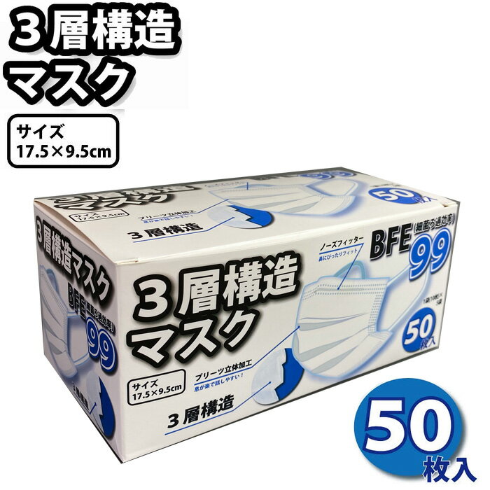 3層フェイスマスク 50枚入り BFE99% 大人 マスク 10401 フェイスマスク 三層マスク 使い捨て 普通サイズ 旅行 トラベル 乾燥対策 花粉症対策 風邪予防 大人 飛沫(4)