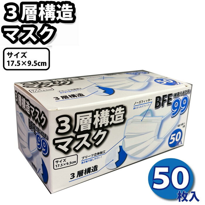 3層フェイスマスク 50枚入り BFE99% 大人 マスク 10401 フェイスマスク 三層マスク 使い捨て 普通サイズ 旅行 トラベル 乾燥対策 花粉..