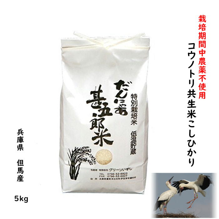 【5年産】無農薬コウノトリ米 5kg お米 玄米 白米 米 兵庫県産 豊岡 但馬産 こうのとり米 無化学肥料 こしひかり 5キロ コシヒカリ 無農薬 分づき精米 5分 7分 農家直送 送料無料【栽培期間中…