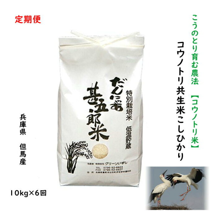 【定期購入送料無料】コウノトリ米 10kg×6回 4年産 兵庫県産 但馬産 コシヒカリ こしひかり こうのとり米 こうのとり育む農法 分づき精米 農家直送 当日精米 玄米 白米 5分 7分 お得 送料無料【特別栽培米コウノトリ共生米こしひかり】10kg×6回