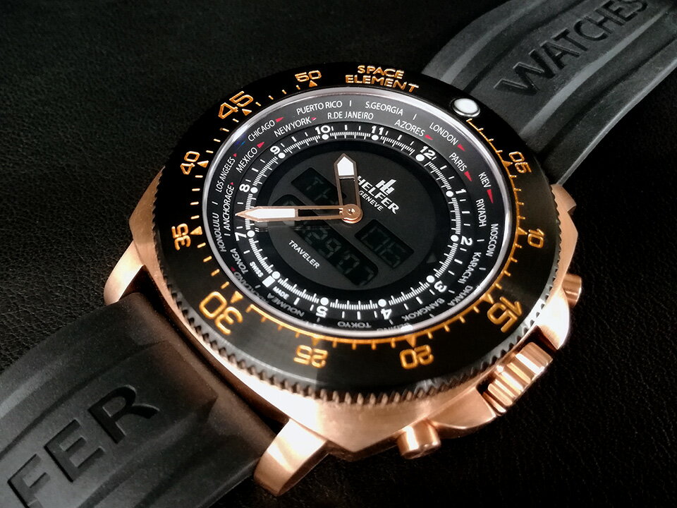 HELFER（ヘルファー）SPACE ELEMENT GLOBE TRAVELER ローズゴールド/ブラック/ブラック ワールドタイム カレンダー デジアナ ビッグフェイス メンズ腕時計 ダイバーズウォッチ スイス製 交換用レザーストラップ付き