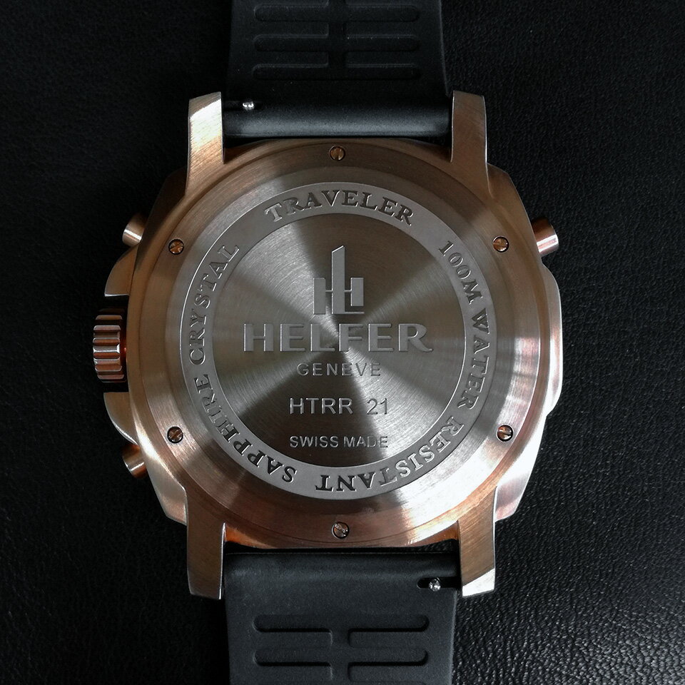HELFER（ヘルファー）SPACE ELEMENT GLOBE TRAVELER ローズゴールド/ブラック/ブラック ワールドタイム カレンダー デジアナ ビッグフェイス メンズ腕時計 ダイバーズウォッチ スイス製 交換用レザーストラップ付き