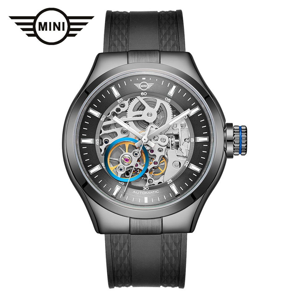 【お買い物マラソン 最大2000円クーポン有】 MINI AUTOMATIC WATCH ミニ オートマティックウォッチ 161801 ブラック 42mm メンズ腕時計 両面スケルトン 自動巻き シリコンラバーストラップ Dバックル ミニクーパーのサムネイル