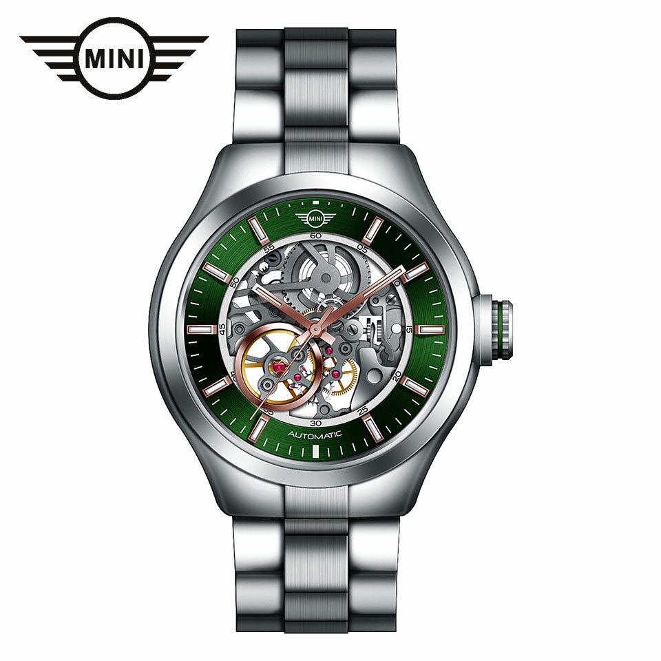 楽天GLOBAL BRANDINGMINI AUTOMATIC WATCH ミニ オートマティックウォッチ 161802A グリーン 42mm メンズ腕時計 両面スケルトン 自動巻き ステンレススティールブレスレット ミニクーパー