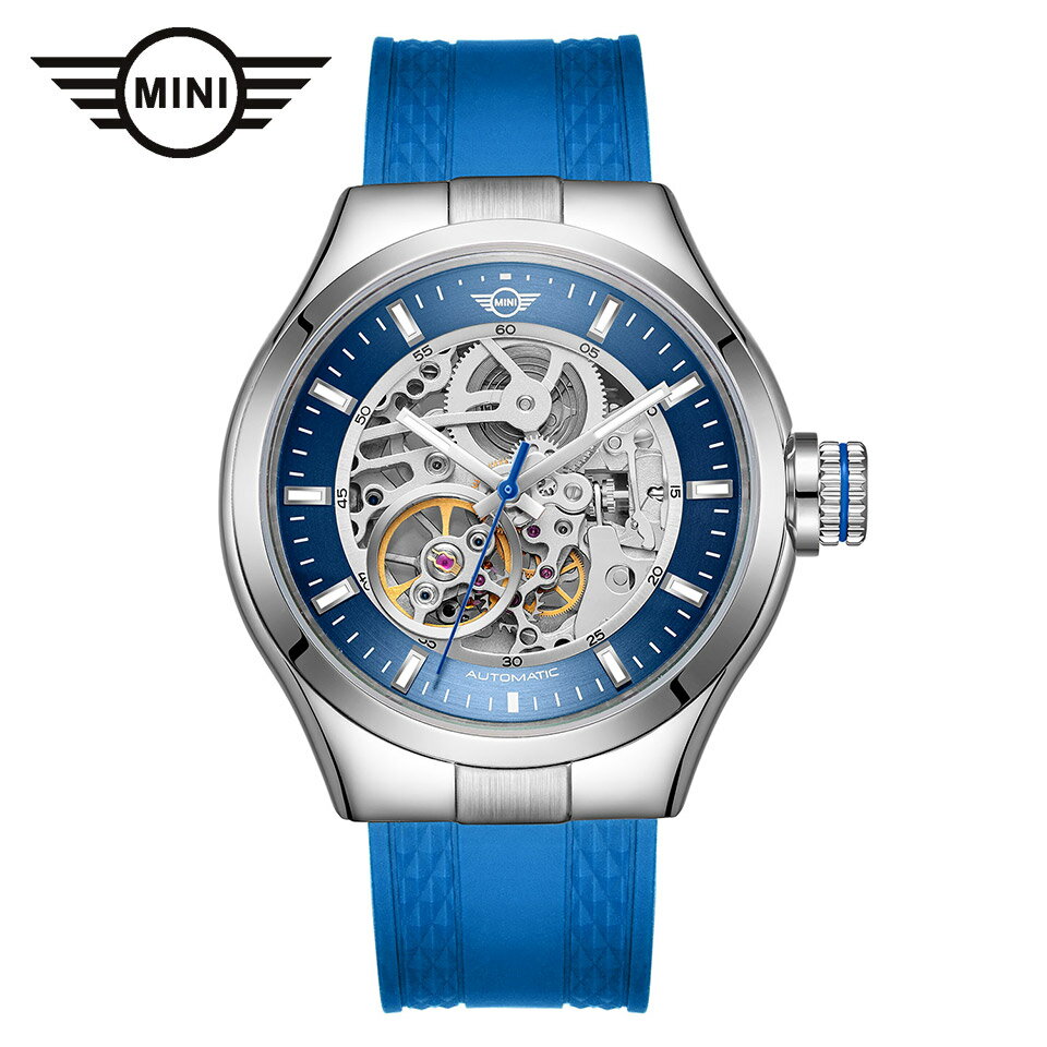 【お買い物マラソン 最大2000円クーポン有】 MINI AUTOMATIC WATCH ミニ オートマティックウォッチ 161803 ブルー 42mm メンズ腕時計 両面スケルトン 自動巻き シリコンラバーストラップ Dバックル ミニクーパーのサムネイル