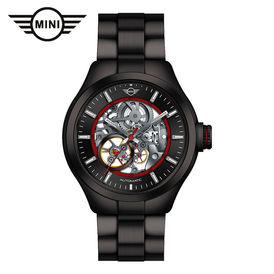 楽天GLOBAL BRANDING【お買物マラソン期間 最大2000円クーポン有】 MINI AUTOMATIC WATCH ミニ オートマティックウォッチ 161809A ブラック/レッド 42mm メンズ腕時計 両面スケルトン 自動巻き ステンレススティールブレスレット ミニクーパー