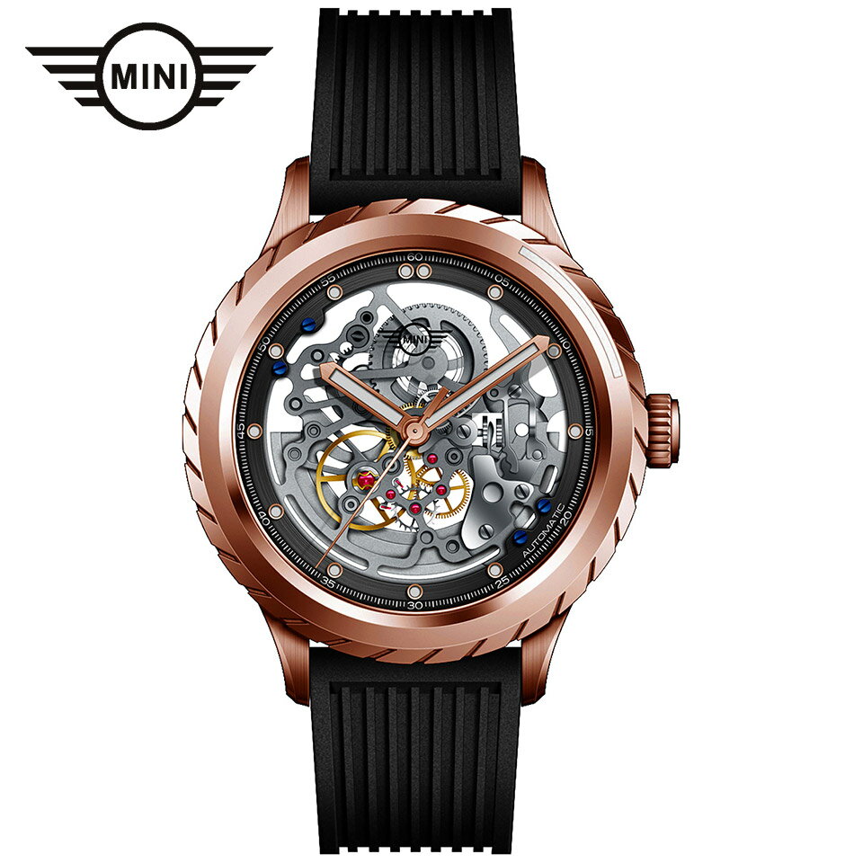 楽天GLOBAL BRANDINGMINI AUTOMATIC WATCH MA-2 ミニ オートマティックウォッチ 162010 ローズゴールド/ブラック 44mm メンズ腕時計 両面スケルトン 自動巻き シリコンラバーストラップ Dバックル ミニクーパー