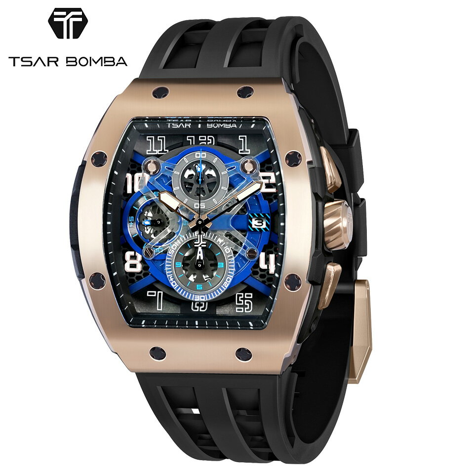 TSAR BOMBA (サーボンバ) エレメンタルシリーズ クォーツ腕時計 TB8211Q-05 ブラック/ローズゴールド 1/20秒クロノグラフ SSケース シリコンラバーストラップ