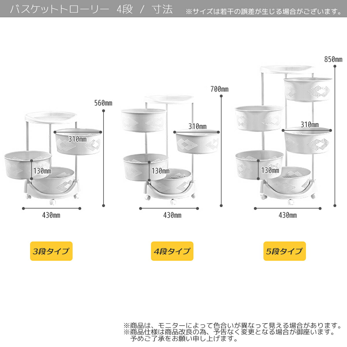 バスケットトローリー4段野菜ストッカー収納ワゴンホワイト/可動式キッチン収納野菜果物整理整頓