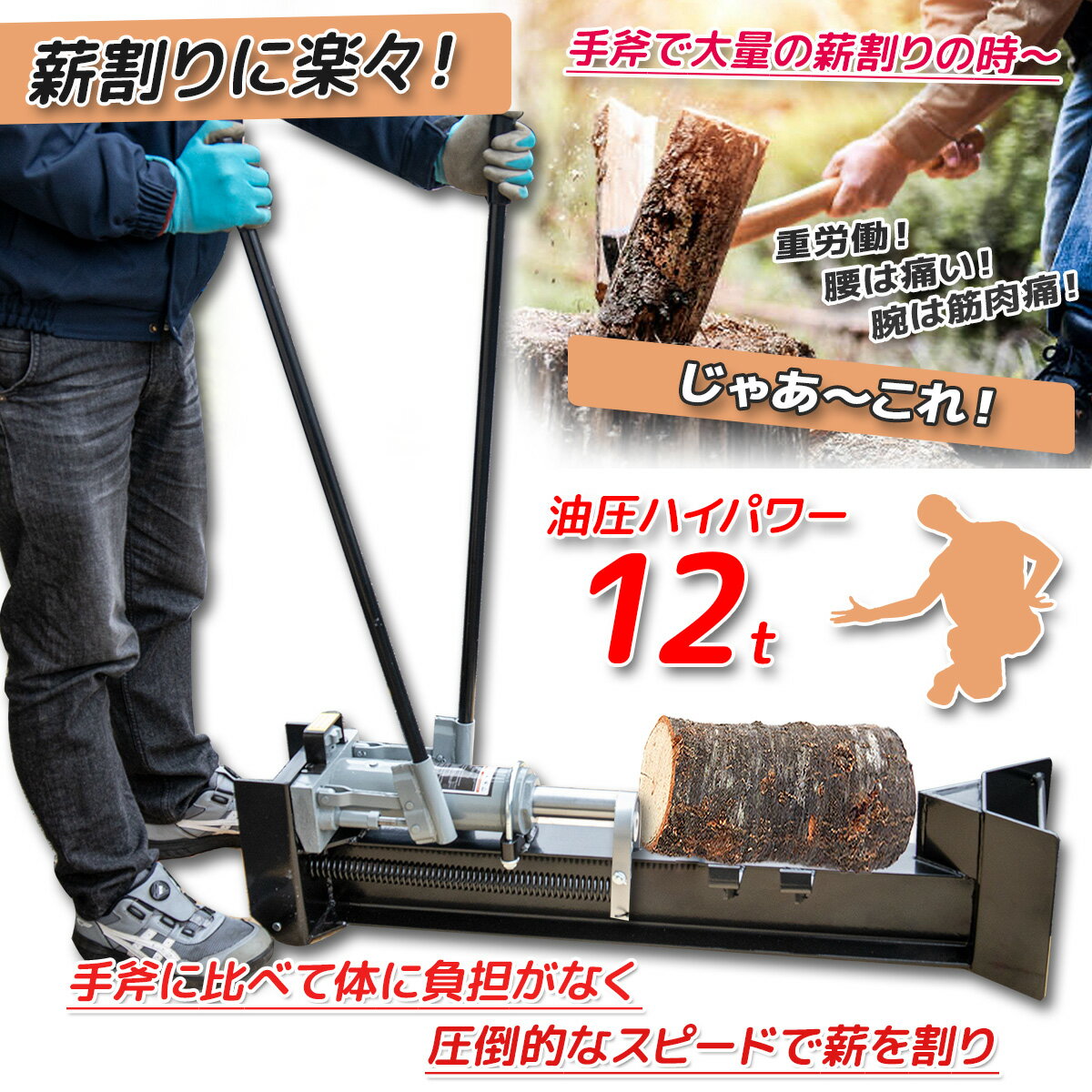 【スーパーSALE 全品P5倍】【レビュー投稿で特典付き】完成品 手動油圧式薪割り機 破砕力12t 電源不要 キャスター付き / ログスプリッター まき割り 薪ストーブ 焚き火 2
