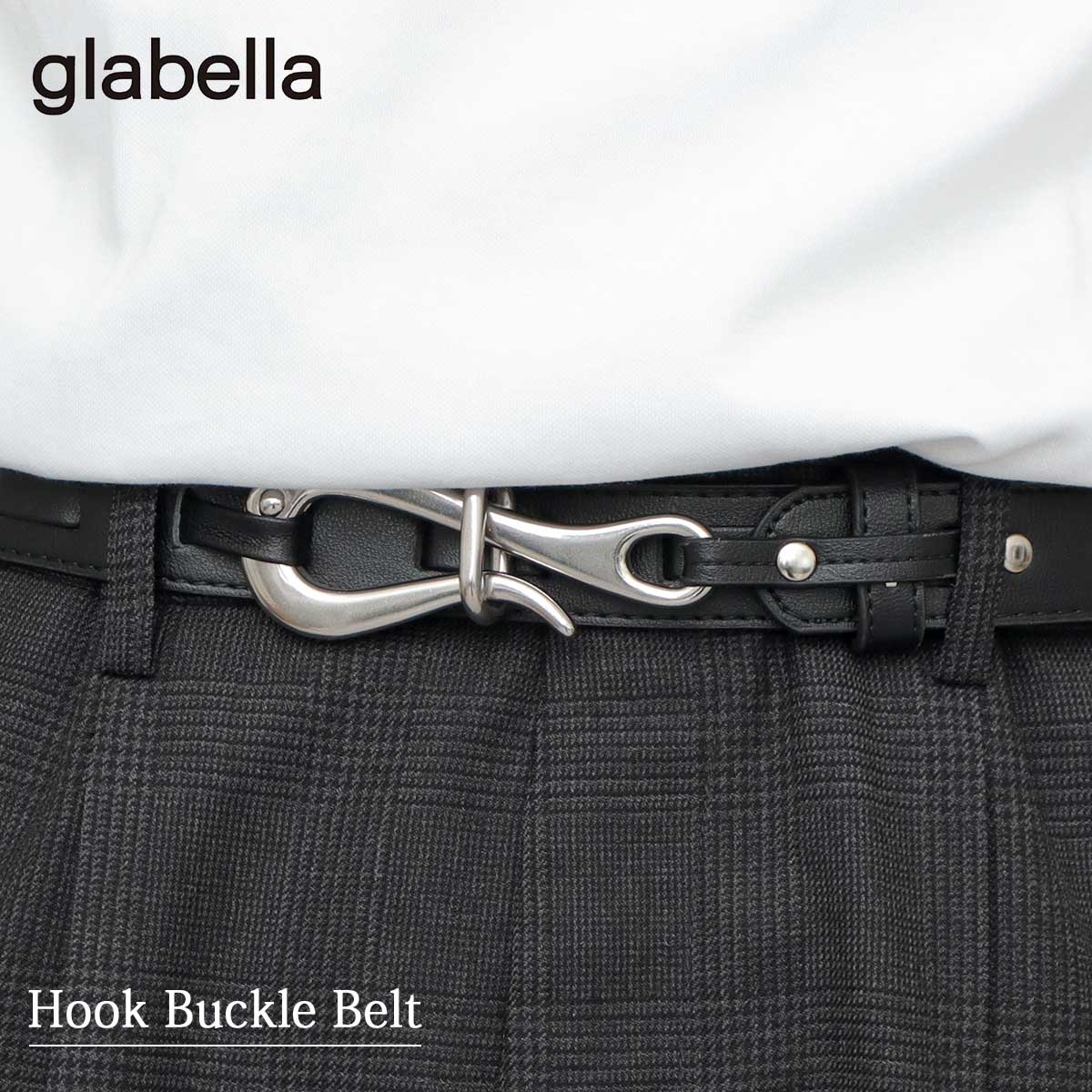 ベルト メンズ フックバックル ペリカンフック レザー調 細ベルト 合皮 ブラック 黒 メンズベルト バックルベルト サイズ調節可 大人 カジュアル モード きれいめ おしゃれ ブランドロゴ グラベラ glabella