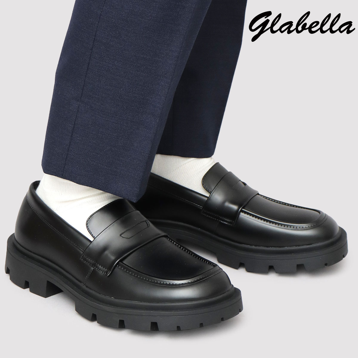 ローファー 厚底ローファー シューズ メンズ 厚底 コインローファー 幅広 ワイド スクエアトゥ 靴 くつ 合皮 シンプル 無地 黒 ブラック 通勤 通学 ドレ...