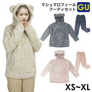 GU ジーユー マシュマロフィールフーディセット 長袖 くま gu パジャマ レディース ルームウェア 冬 かわいい トップス 秋冬 ボトムス 秋 女性 部屋着 セットアップ クマ カンガルーポケット パーカー プレゼント