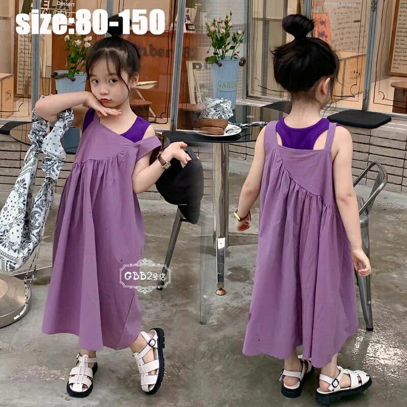 韓国子供服 セットアップ 女の子 夏 ノースリーブ タンクトップ+ワンピース サロペットスカート カジュアル ベビー服 キッズ こども 可愛い きれいめ ビーチ 通学 パープル 80 90 100 110 120 130 140 150cm