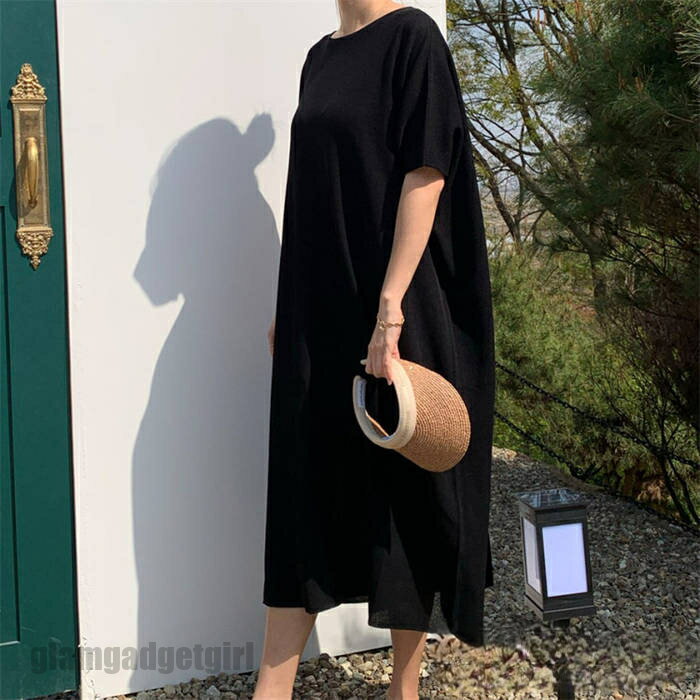 新生活応援 ワンピース レディース 夏 春 半袖 きれいめ 丸ネック ロングワンピース ワンピ 夏 Aライト ブラック 黒 ロング丈 スムース 透けにくい F 大きいサイズレディース ワンピース 半袖ワンピース ルーム 無地 伸縮 春新作 夏服 春服