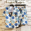 新生活応援 半袖シャツ 上下セット メンズ セットアップ 花柄 総柄 薄手 ハーフパンツ 2点セット 羽織 夏 短パン シャツ トップス ホームウエア アウター...