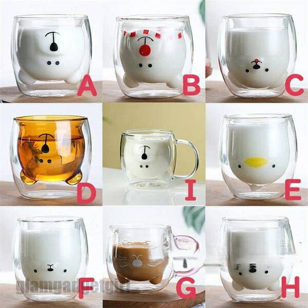 送料無料 ガラスカップ 2点セット カラー選び可 二重構造 耐熱ガラス ダブルウォール グラス アニマルカップ かわいい 二重ガラス マグカップ クマ プレゼン...