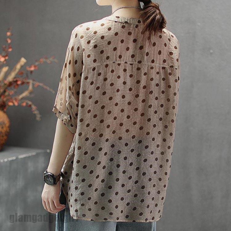 ブラウス レディース シャツ トップス 七分袖 綿麻風 ゆったり 五分袖 体型カバー 丸首 着痩せ コットン 送料無料 点点柄 薄手 涼しい おしゃれ プレゼント ギフト 母の日 新生活