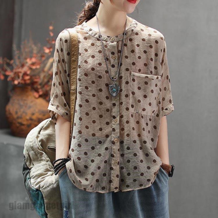ブラウス レディース シャツ トップス 七分袖 綿麻風 ゆったり 五分袖 体型カバー 丸首 着痩せ コットン 送料無料 点点柄 薄手 涼しい おしゃれ プレゼント ギフト 母の日 新生活