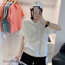 カジュアル 半袖パーカー 秋 夏 Tシャツ トップス 無地 フード付き プルオーバー レディース 半袖 ポケット付き バックプリント パーカー 女性 プレゼント...
