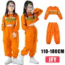 ダンス衣装 キッズ ガールズ かっこいい へそ出し 2点 セットアップ シャツ 長袖 ロングパンツ 女の子 ヒップホップ ファッション キッズダンス衣装 レッスン着 Tシャツ ズボン K-POP オレンジ