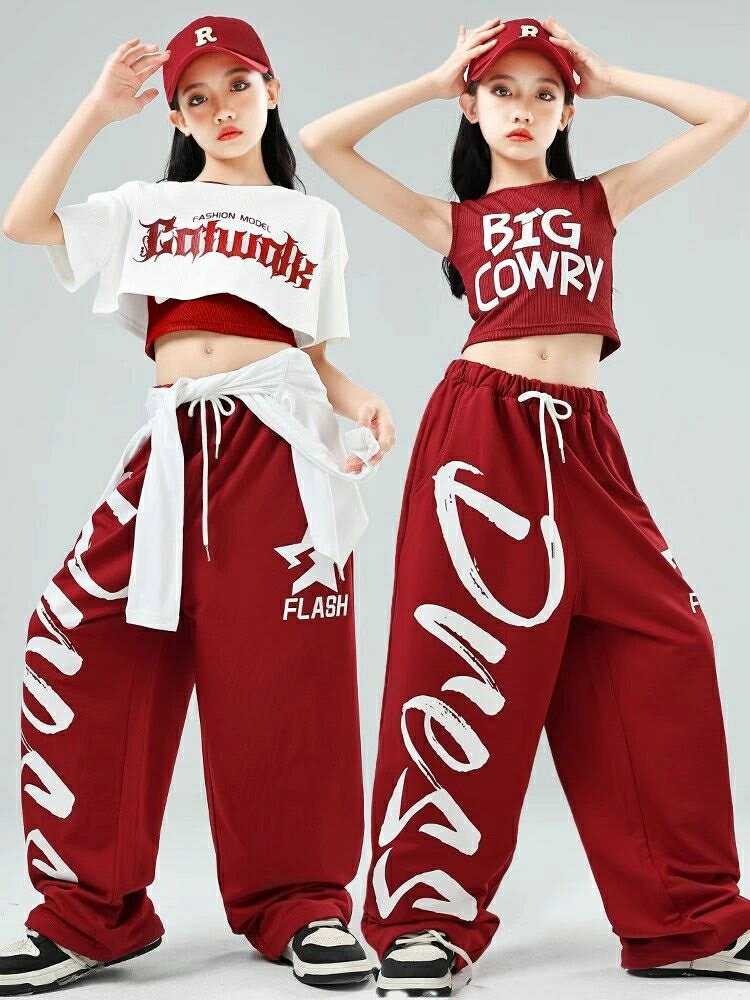 レッド ホワイト へそ出し 半袖 キッズ ダンス衣装 ヒップホップ 子供服 セットアップ ダンスウェア ステージ衣装 女の子 ストリート HIPHOP トップス ロングパンツ 上下セット チアガール かっこいい ゆったり 応援団 発表会 舞台服 演出服 学生 110-170cm