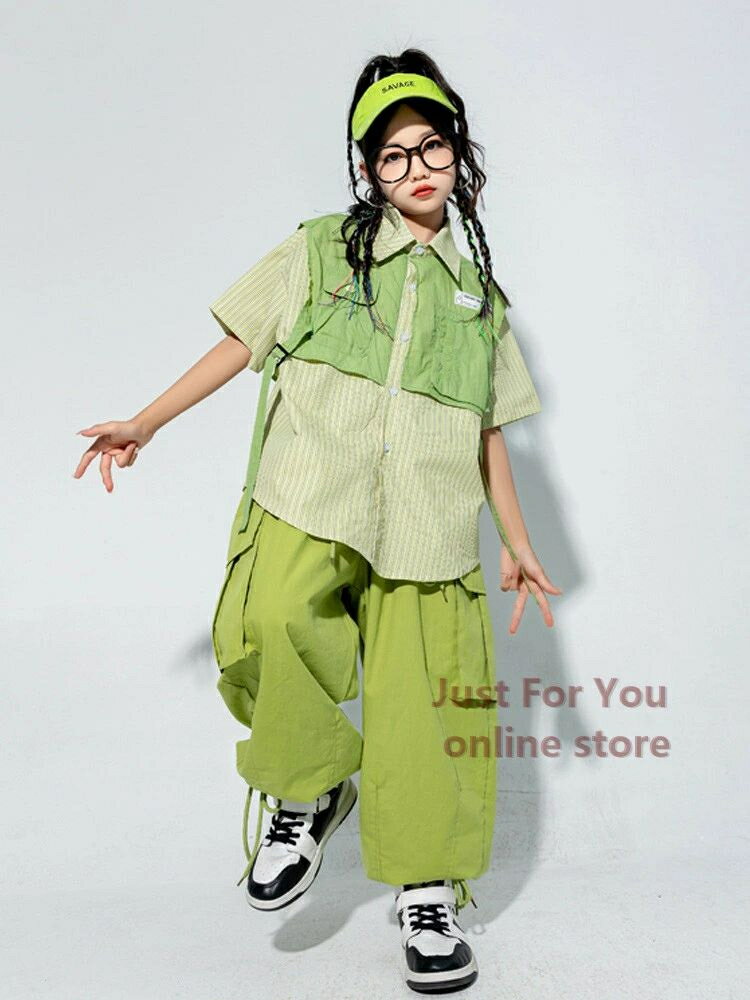 グリーン 緑シャツ ヒップホップ 衣装 キッズダンス衣装 セットアップ 韓国 子供ダンス服 派手 黄緑 K-..