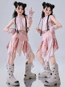 ピンク フード付き キッズ ダンス衣装 ガールズ 女の子 へそ出しシャツ かっこいい ヒップホップ 子供服 チアガール ジャズダンス セットアップ 袖なし トップス 腕カバー スカート 上下セット HIPHOP k-pop ストリート 原宿系 発表会 演出服 団体服 派手 110-180cm