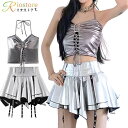 レディース シルバー 銀 ダンス衣装 ヒップホップ アイドル 衣装 演出服 セットアップ スカート ヘソ出し トップス 袖なし k-pop ジャズ ステージ衣装 ダンス ナイトクラブ バー演出服 練習服 おしゃれ