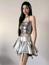 レディース シルバー 銀 ダンス衣装 ヒップホップ アイドル 衣装 演出服 セットアップ スカート ヘソ出し トップス 袖なし k-pop ジャズ ステージ衣装 ダンス ナイトクラブ バー演出服 練習服 おしゃれ(4)