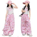 キッズダンス 2点セット トップス カーゴパンツ ハート 女の子 ピンク へそ出し 袖なし 子供服 おしゃれ キッズダンス 夏 可愛い ダンス服 ヒップホップ 単品販売 hiphop 小学生 中学生 kpop 発表会 舞台服 120-170cm