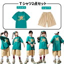 子供ダンス 男の子 女の子 夏用 イベント服 キッズダンス ダンス衣装 HIPHOP 2点セット 半袖 ゆったり Tシャツ 短パン イラスト 演出服 発表会 団...