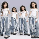 白 ブルー デニム ダンス衣装 女の子 ロングパンツ キッズ 白 肩出しトップス 子供ダンス ヒップホップ ジャズダンス衣装 演出服 k-pop y2k セットアップ jazz hiphopステージ衣装 チアダンス 応援団 練習着 レッスン おしゃれ 110-180