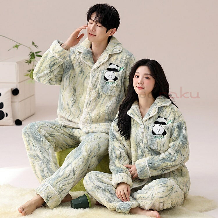 カップル ペア パジャマ セット 裏起毛 ペアパジャマ 冬 もこもこ ルームウェア ペア 前開き パンダ柄 可愛い カップルパジャマ パンツ セット 恋人 夫婦 記念日 お祝い プレゼント