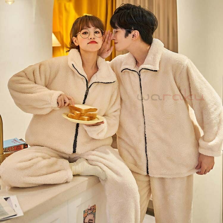 カップル ペア パジャマ パーカー もこもこ きれいめ ペアルック パジャマ 上下セット 韓国風 フランネ..
