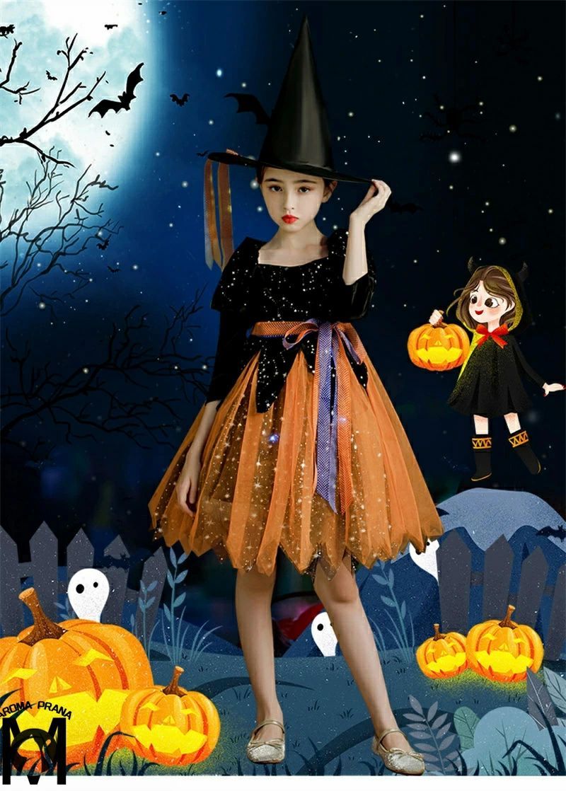 ハロウィン 魔女っ子 魔女 三点セット クリスマス コスチューム コスプレ こすぷれ ワンピース ハット スティック 女の子 子供 キッズ服装 仮装服装 可愛い きれい 舞台服 子供服 送料無料
