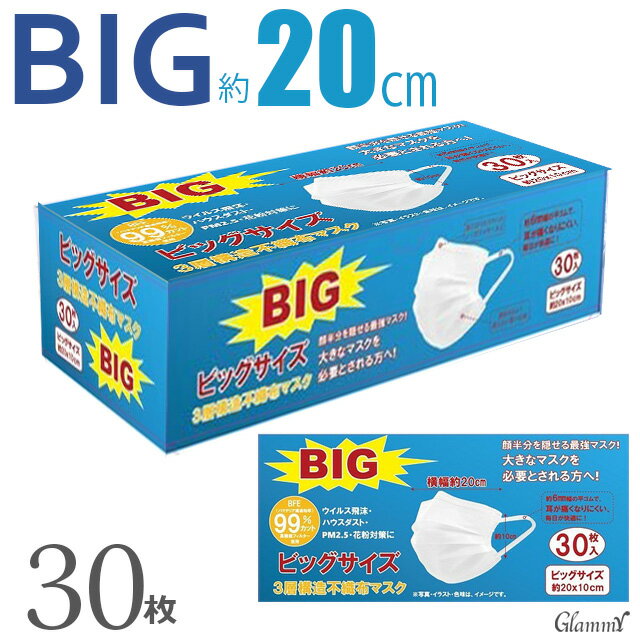 【送料無料30枚】【北海道・九州・沖縄配送不可】マスク 不織布マスク 大きいサイズ 大きめ メンズ 3層構造 幅広 20cm 200mm 3XLサイズ ビッグサイズ 大人 プリーツ 使い捨て ゆったり 平ゴム 卒業式 入学式 セレモニー ホワイト 白 男性用 女性用/item-0311