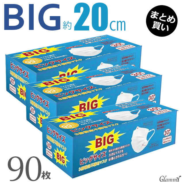 【送料無料90枚】 マスク 不織布マスク 大きいサイズ 大きめ メンズ 3層構造 秋冬 幅広 20cm 200mm 3XLサイズ ビッグサイズ 大人 プリーツ 使い捨て ゆったり 平ゴム 卒業式 入学式 セレモニー ホワイト 白 ノーズワイヤー 男性用 女性用 /item-0343